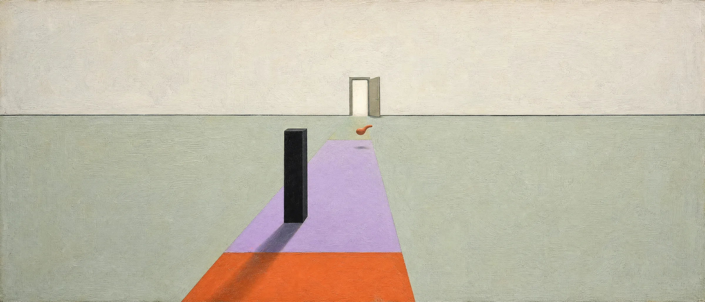 Surrealist painting: a path of three coloured planes runs toward an open door on the horizon, a black monolith left standing on it, a small orange form already leaving through the door